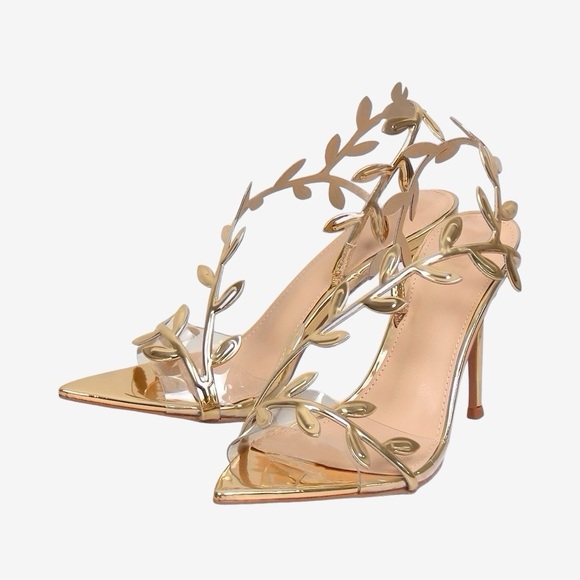 Women’s Leaf Wrap Around Stiletto Heeled Sandals in Mirriored Gold Faux Leather - Picture 3 of 6
